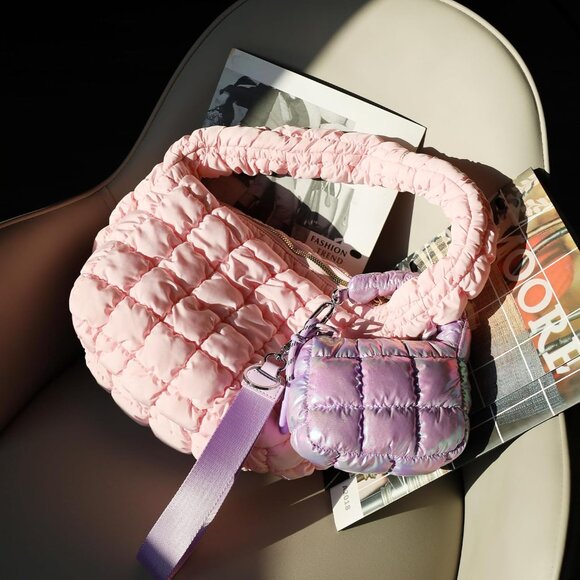 Women's Light Purple Cute Mini Quilted Wristlet Gift Pouch Puffer Evening Bag - Picture 6 of 6